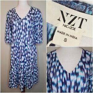 Nic & Zoe Dress Sz S Tiered A-line Midi Cotton Blue Abstract Ikat Print NWT $148